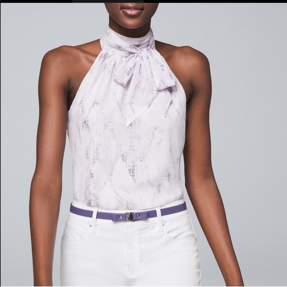 White House Black Market purple and white snake skin halter top